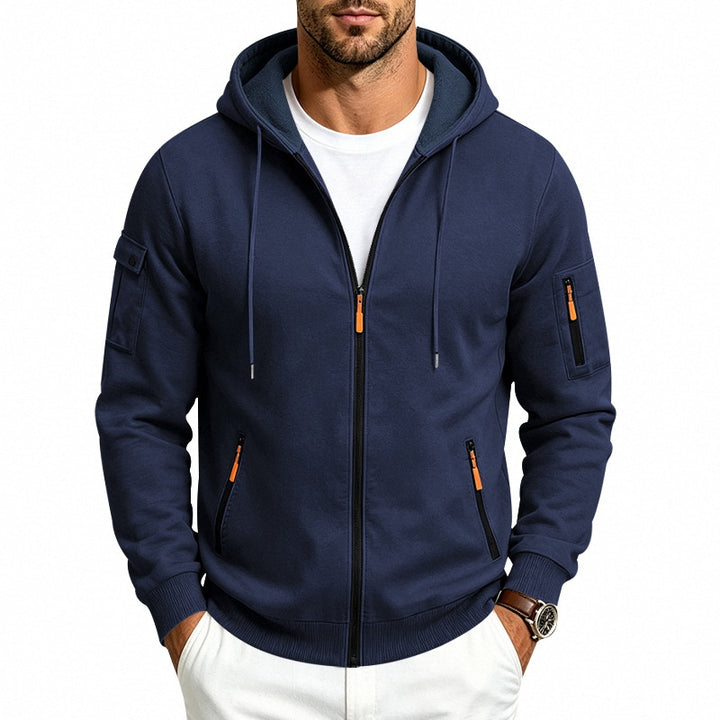 Men's Hooded Zipper Jacket with Arm Pockets, Contrast Zipper and Ribbed Cuffs Mune Fashion