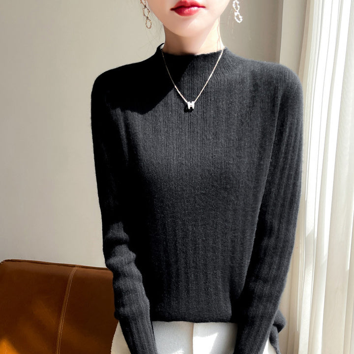 Women's slim-fit fine knit pullover with a short standing collar and fine ribbed texture Mune Fashion