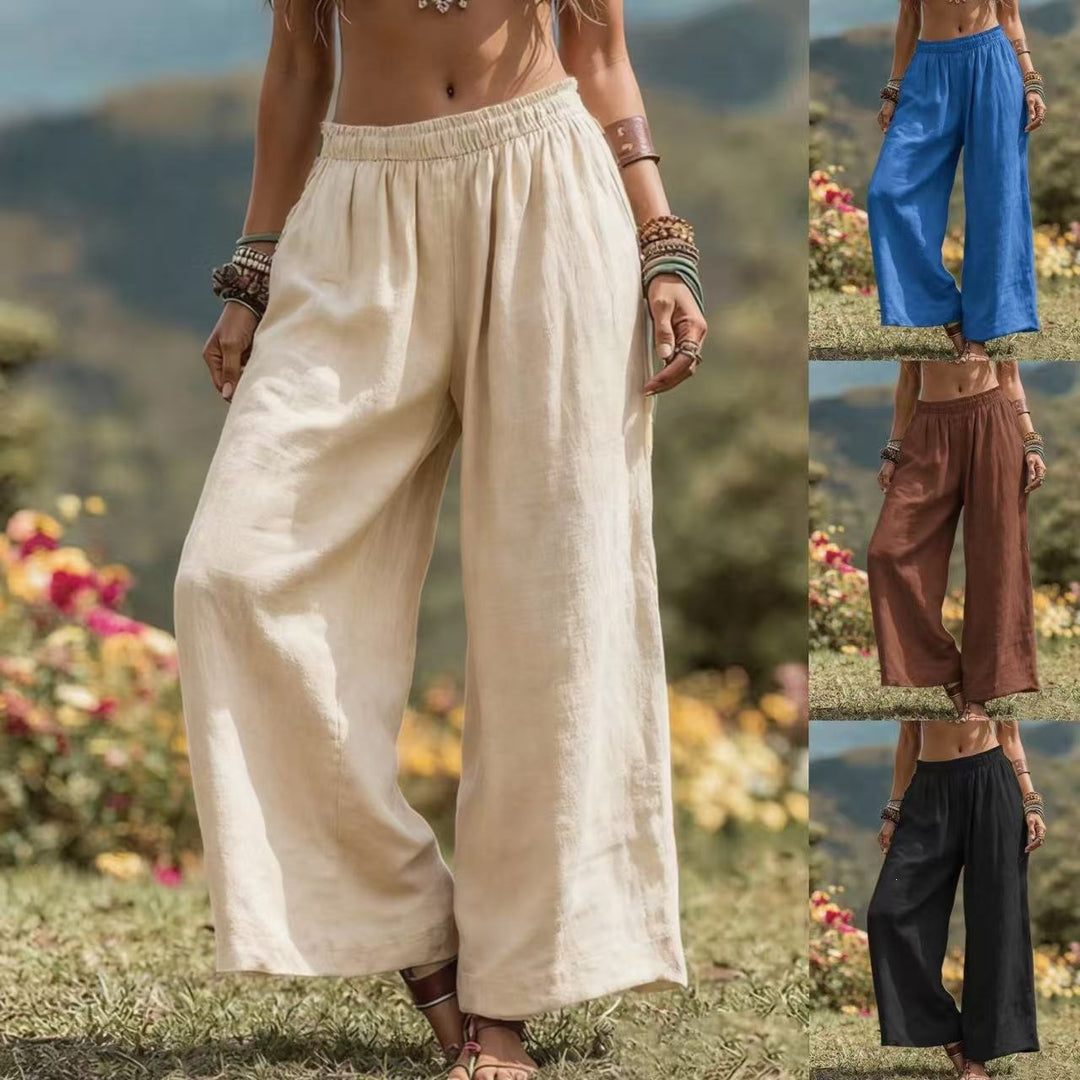 Women's Wide Linen Look Palazzo Pants with Elastic Waistband and Pockets Mune Fashion