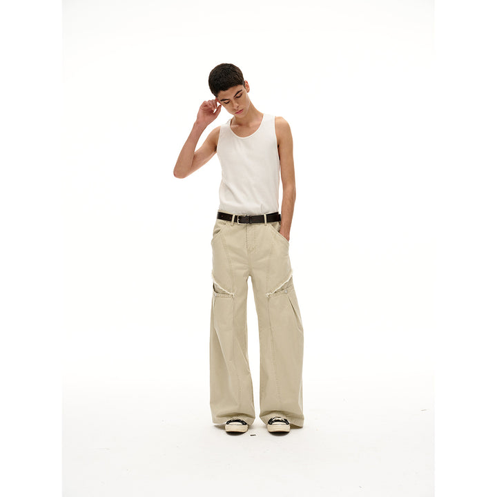 Women's Wide High-Waist Cargo Pants in Vintage Workwear Look with Patch Pockets and Fringe Details Mune Fashion