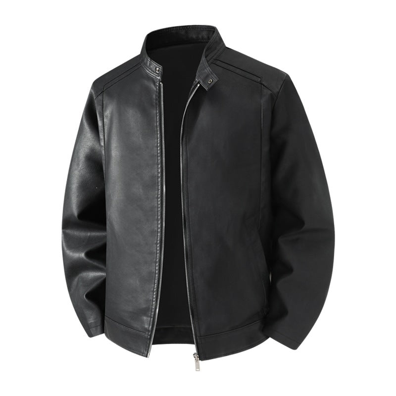 Men's Simple Faux Leather City Jacket with Stand Collar, Two-Way Zipper & Side Pockets Mune Fashion