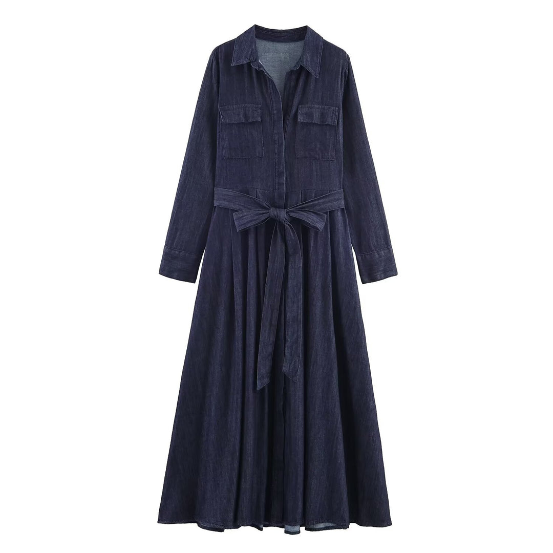Women's Long Denim Shirt Dress with Waistband and Patch Chest Pockets Mune Fashion