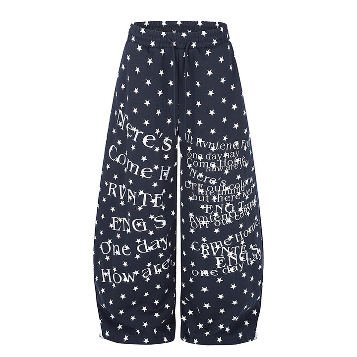 Women's Wide Palazzo Lounge Pants with Allover Stars, Drawstring Waistband and Typographic Print Mune Fashion