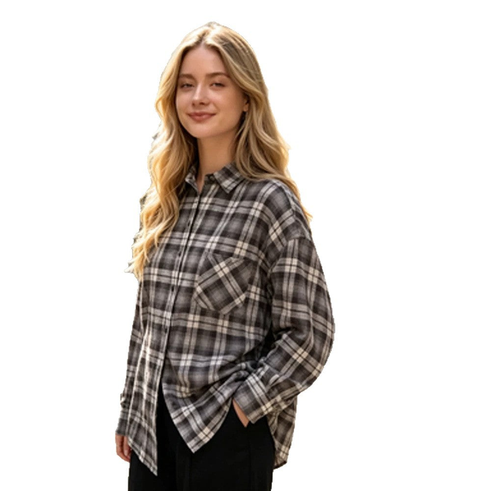 Women's Oversized Flannel Shirt with Check Pattern, Patch Chest Pocket and Rounded Hem Mune Fashion