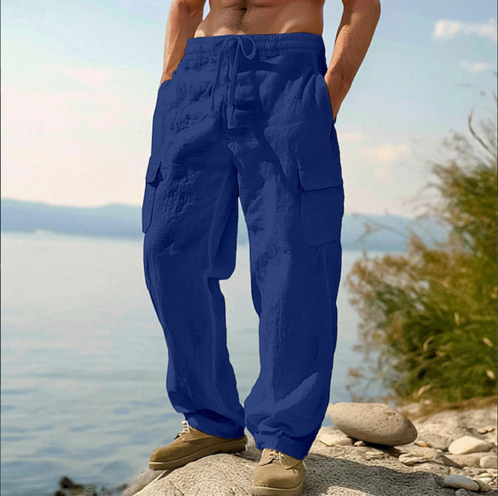 Men's wide casual cargo pants made of linen-cotton blend with elastic waistband, drawstring and large flap pockets Mune Fashion