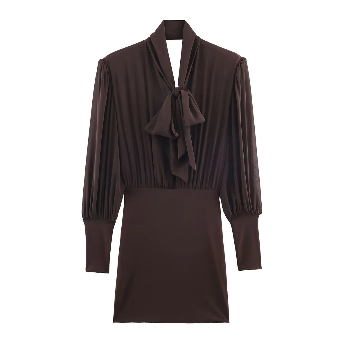 Women's fitted mini dress with bow tie, pleated top, and long cuffed sleeves Mune Fashion