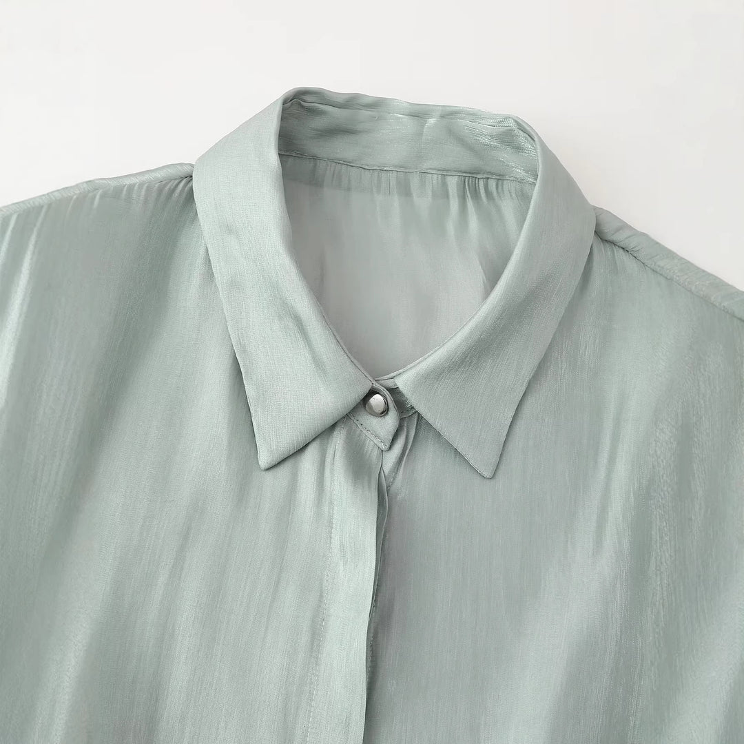Women's Silky Blouse with Waistband and Concealed Button Placket Mune Fashion