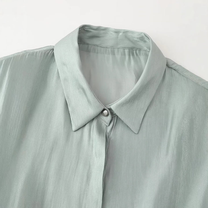 Women's Silky Blouse with Waistband and Concealed Button Placket Mune Fashion