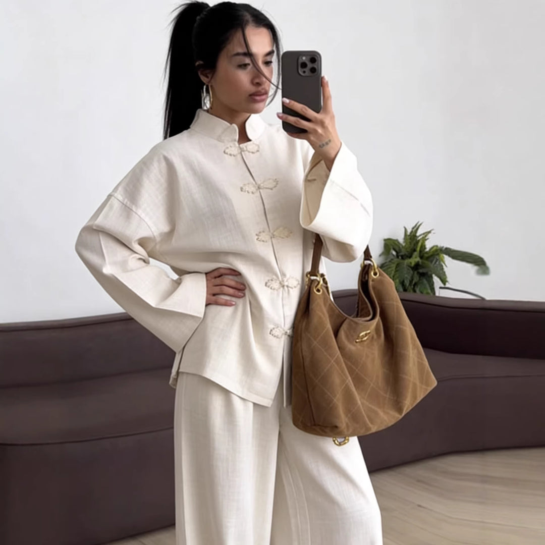 Women's Oversized Chinese Collar Blouse with Traditional Knot Closures and Wide Sleeves Mune Fashion