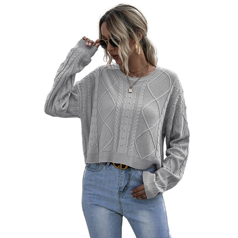 Women Casual Oversized Knit Sweater with Geometric Cable Pattern and Deep Sleeve Cuffs Mune Fashion