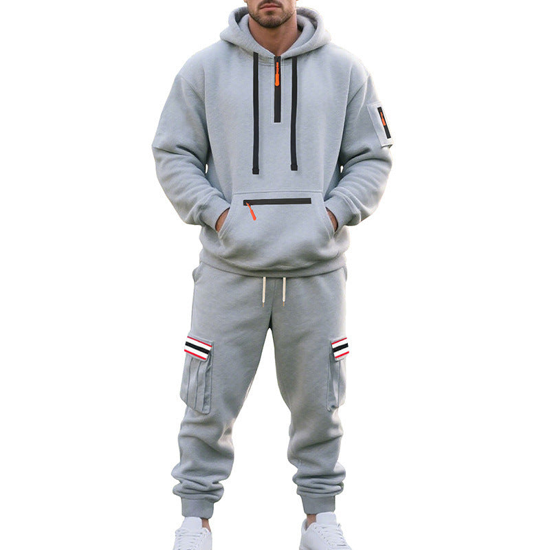 Men's Cargo Hoodie and Jogging Pants Set with Half Zip, Zipper Kangaroo Pocket and Elastic Drawstring Waist Mune Fashion