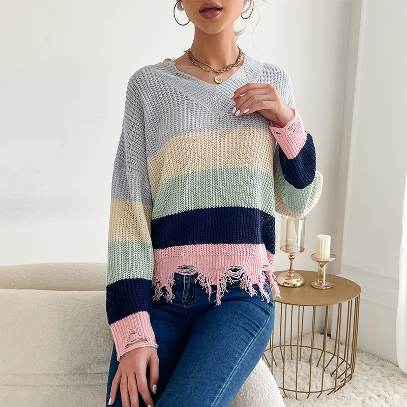 Women's Oversize V-Neck Knitted Sweater with Striped Design and Frayed Hem Mune Fashion