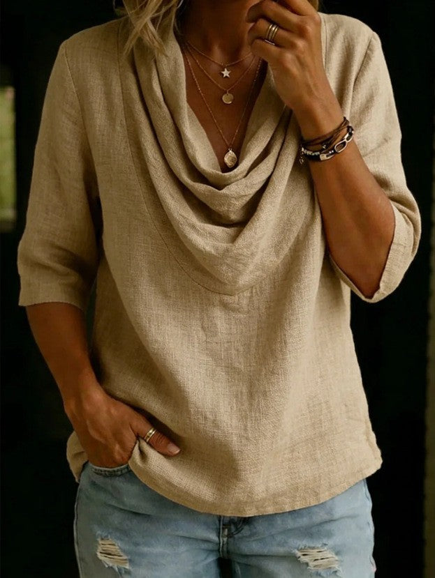 Women's airy linen blouse with draped waterfall collar, loose silhouette, and three-quarter sleeves Mune Fashion