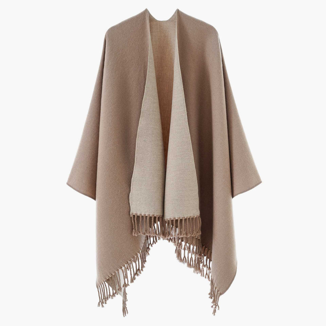 Women's Reversible Wool Blend Poncho with Fringe Hem and Open Front Mune Fashion