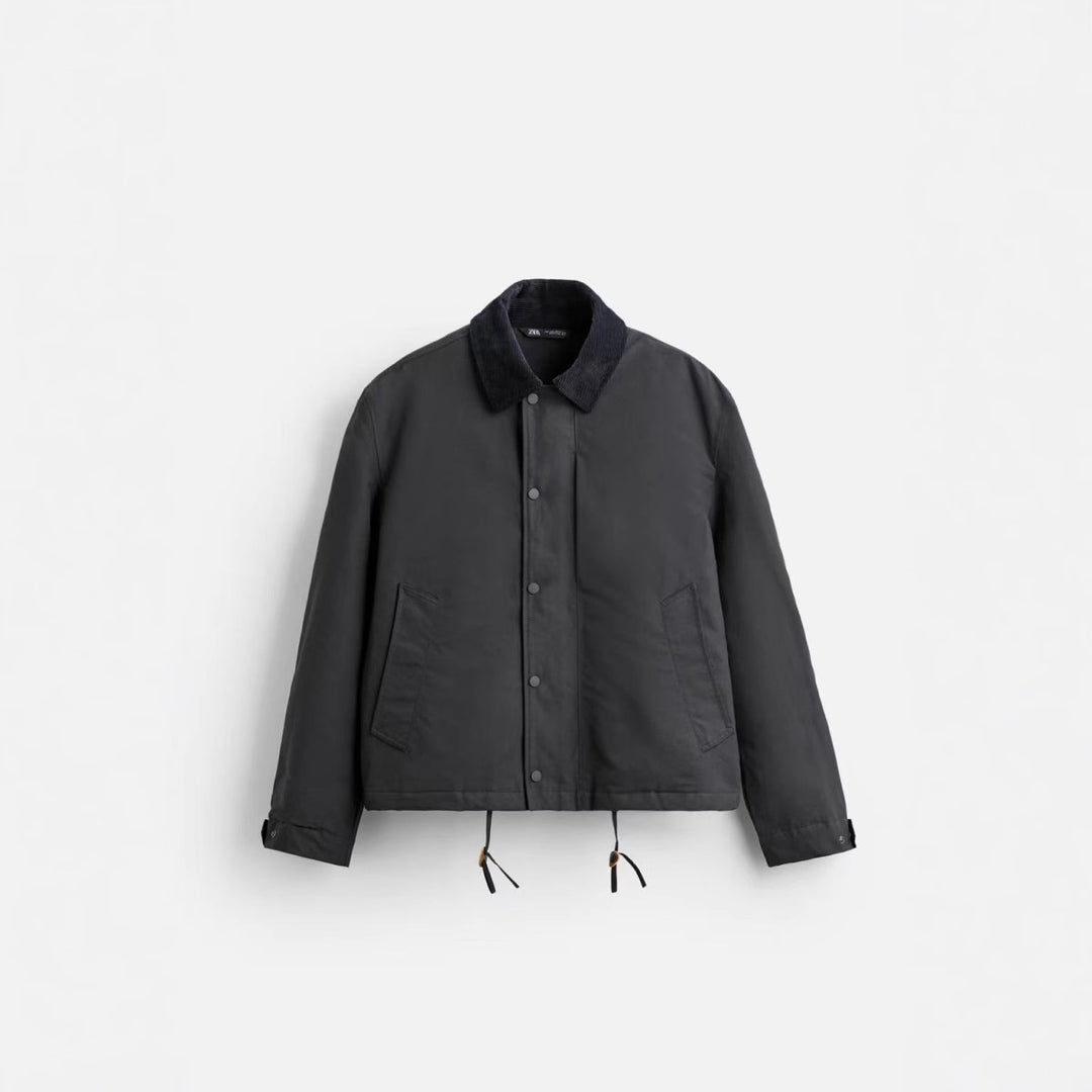 Men's short jacket with corduroy collar, snap button placket, and drawstring hem Mune Fashion