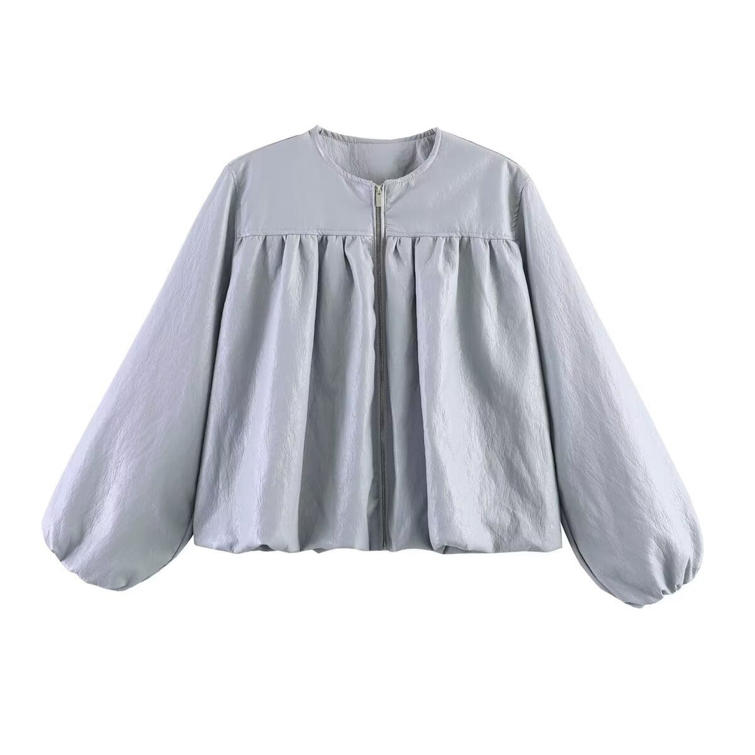 Women's short jacket made of faux leather with gathered yoke and balloon sleeves Mune Fashion