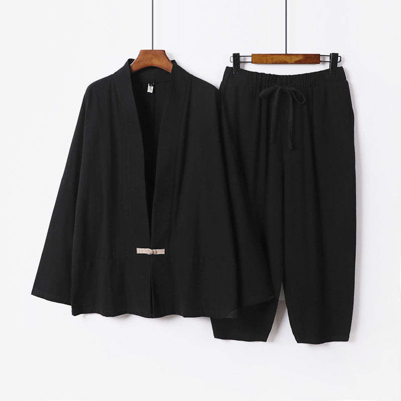 Unisex Casual Kimono Loungewear Set made of lightweight Linen Blend with Drawstring Pants Mune Fashion