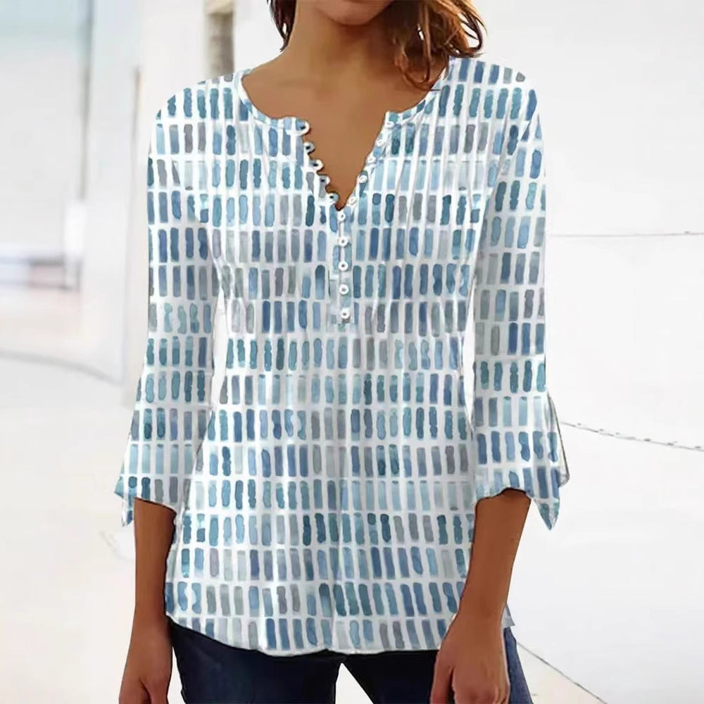 Women nan airy light watercolor print blouse shirt with Henley button placket and three-quarter bell sleeves Mune Fashion