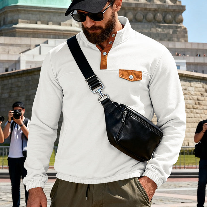 Men's functional sweat with stand-up collar, snap button placket and faux leather trim Mune Fashion