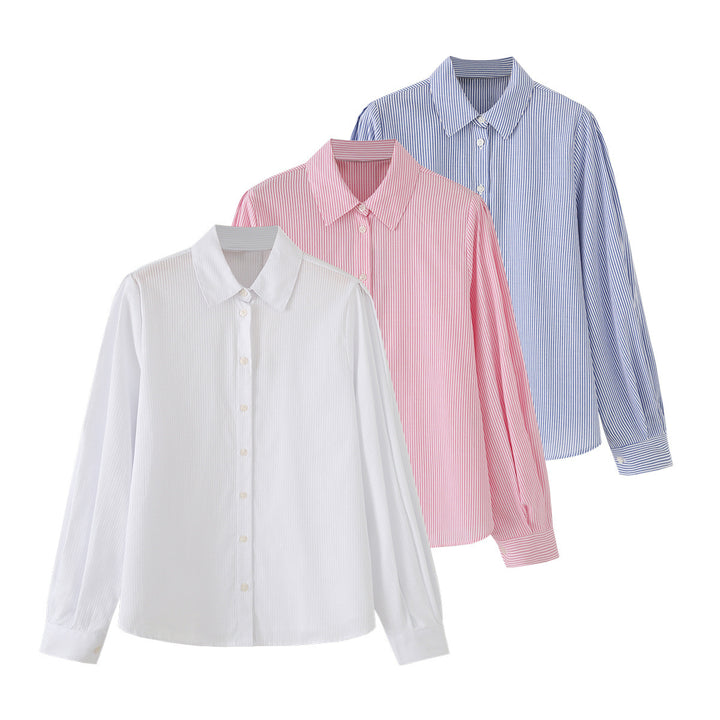 Women Loose Fit Striped Blouse with Kent Collar Continuous Button Placket and Cuffs Mune Fashion