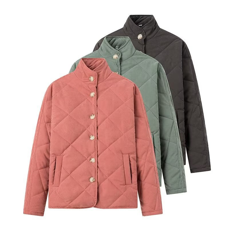 Women Lightweight Quilted Short Jacket with Stand-Up Collar and Button Placket Mune Fashion
