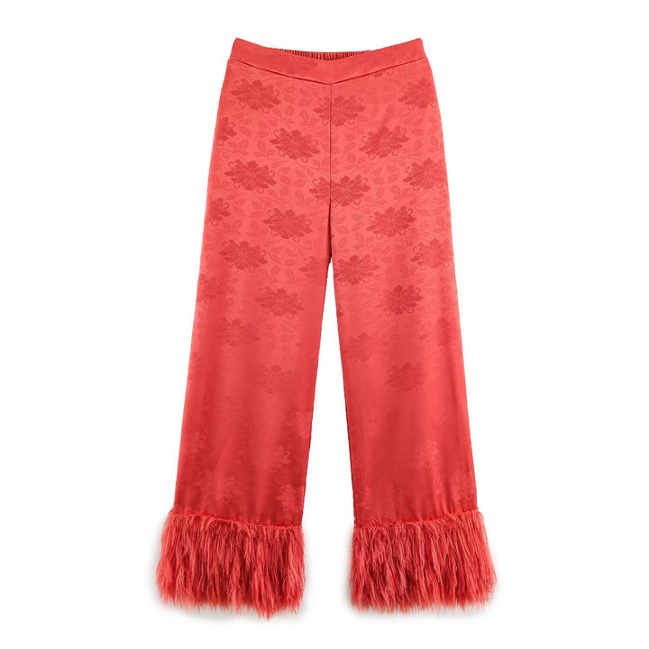 Ladies high-waisted satin pants with jacquard floral pattern and feather fringes Mune Fashion