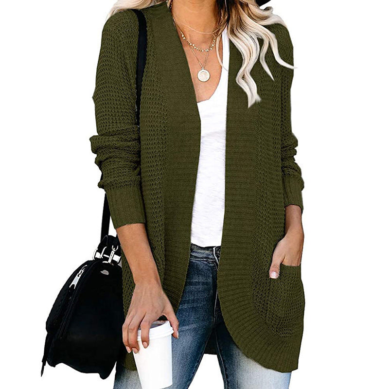 Women Long Open Knit Cardigan with Pockets, Ribbed Cuffs and Structured Waffle Look Mune Fashion