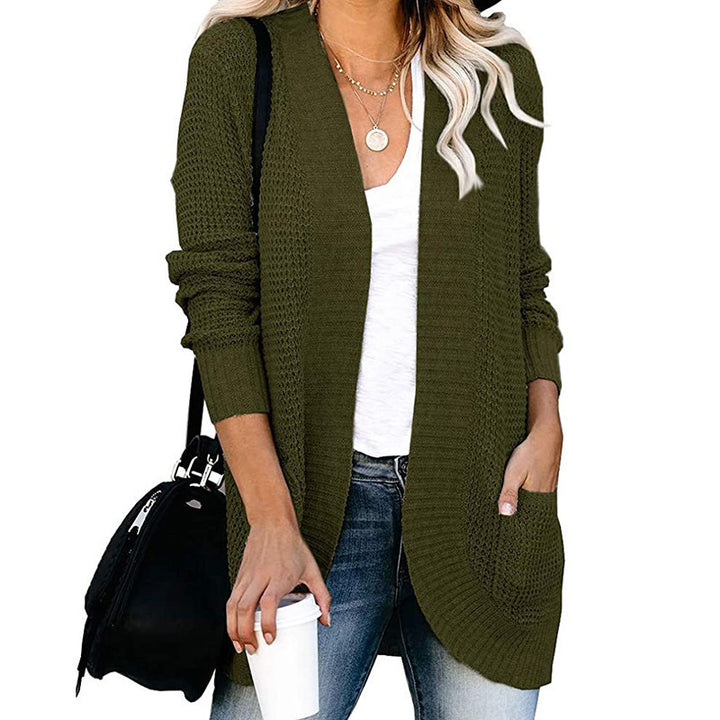 Women Long Open Knit Cardigan with Pockets, Ribbed Cuffs and Structured Waffle Look Mune Fashion