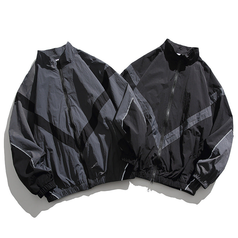 [Unisex] Oversize technical wind and rain jacket with stand-up collar, reflective piping, and elastic hem Mune Fashion