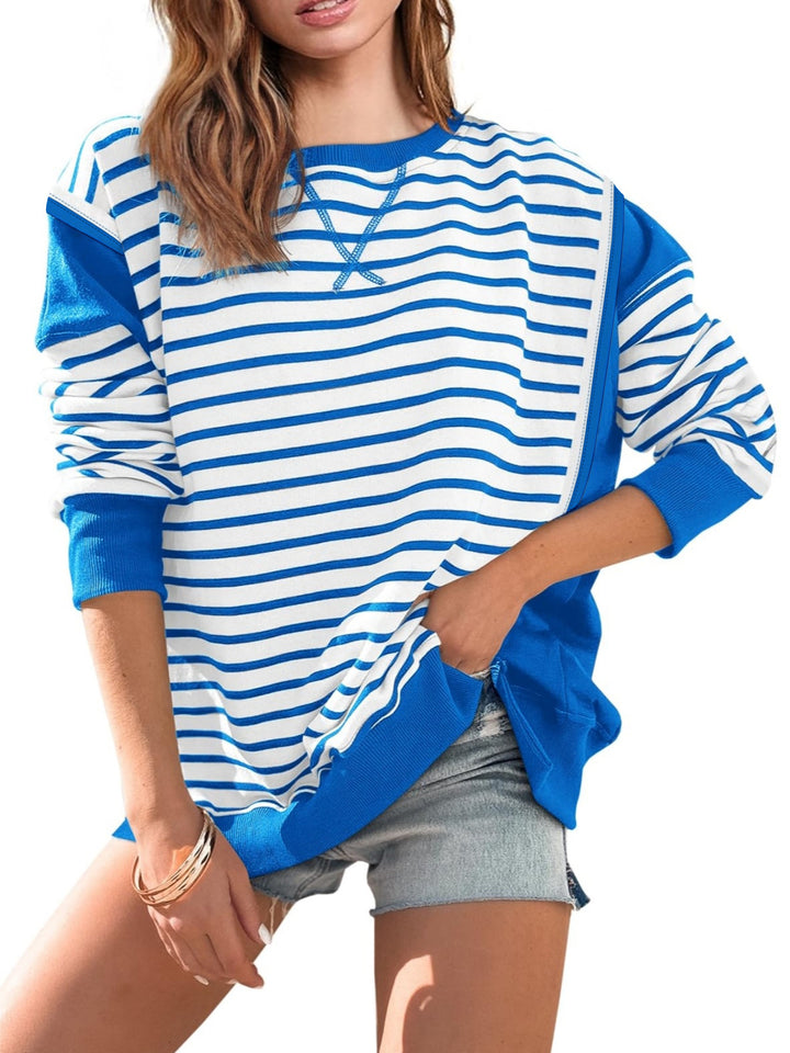 Women's oversized sweatshirt in marine look with stripes, raglan sleeves and ribbed cuffs Mune Fashion