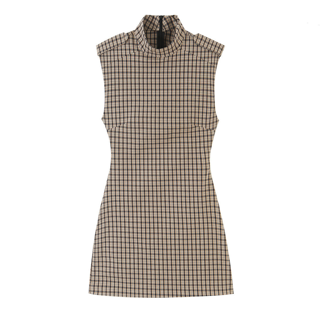 Women's Fitted Sleeveless Mini Dress with Stand Collar and Check Pattern Mune Fashion