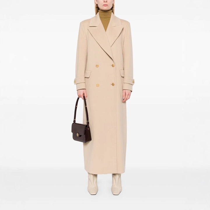 Ladies Maxi Coat with double-breasted button placket, wide lapels and patch pockets Mune Fashion
