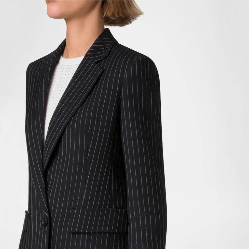 Women's Two-Piece Pinstripe Suit with Tailored Short Blazer and Wide Palazzo Pants Mune Fashion