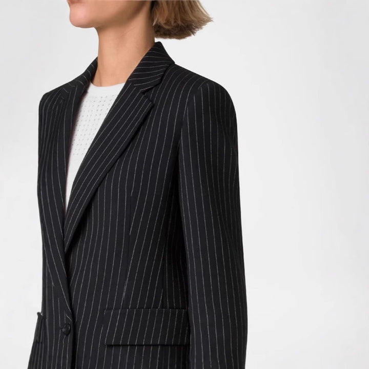 Women's Two-Piece Pinstripe Suit with Tailored Short Blazer and Wide Palazzo Pants Mune Fashion