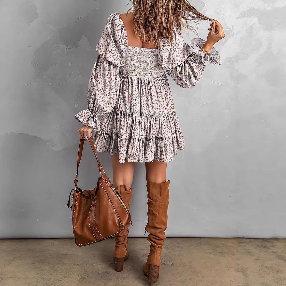 Women Off-Shoulder Mini Dress with Smocked Top, Ruffle Tiers and Gathered Balloon Sleeves Mune Fashion