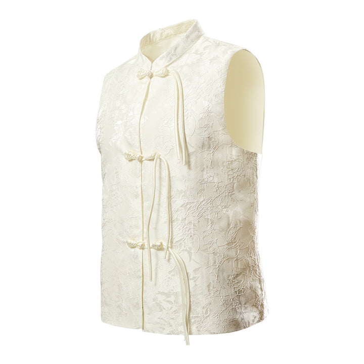 Men's sleeveless Chinese-inspired vest with stand-up collar, jacquard pattern, and knot closures Mune Fashion