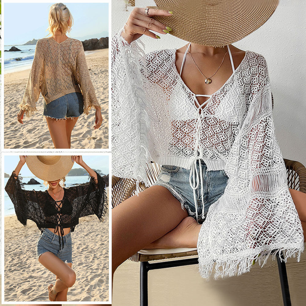 Women's crocheted beach kimono with elegant fringe decoration Mune Fashion
