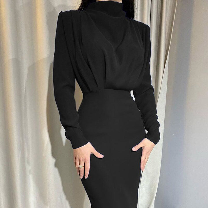 Ladies nan elegant midi dress with draped waterfall front, tailored pencil silhouette and long sleeves Mune Fashion