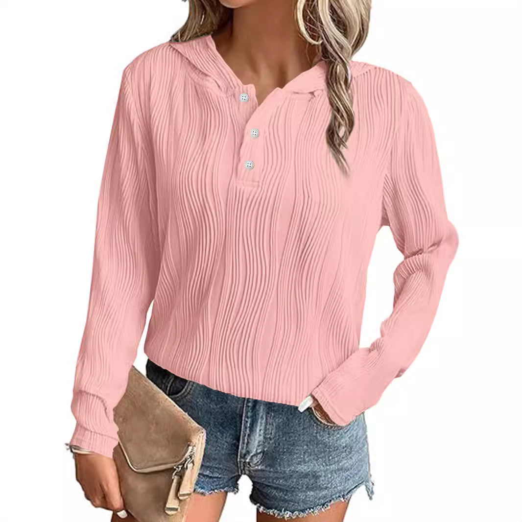 Women's Ribbed Hooded Henley Shirt with Button Placket and Light Texture Mune Fashion