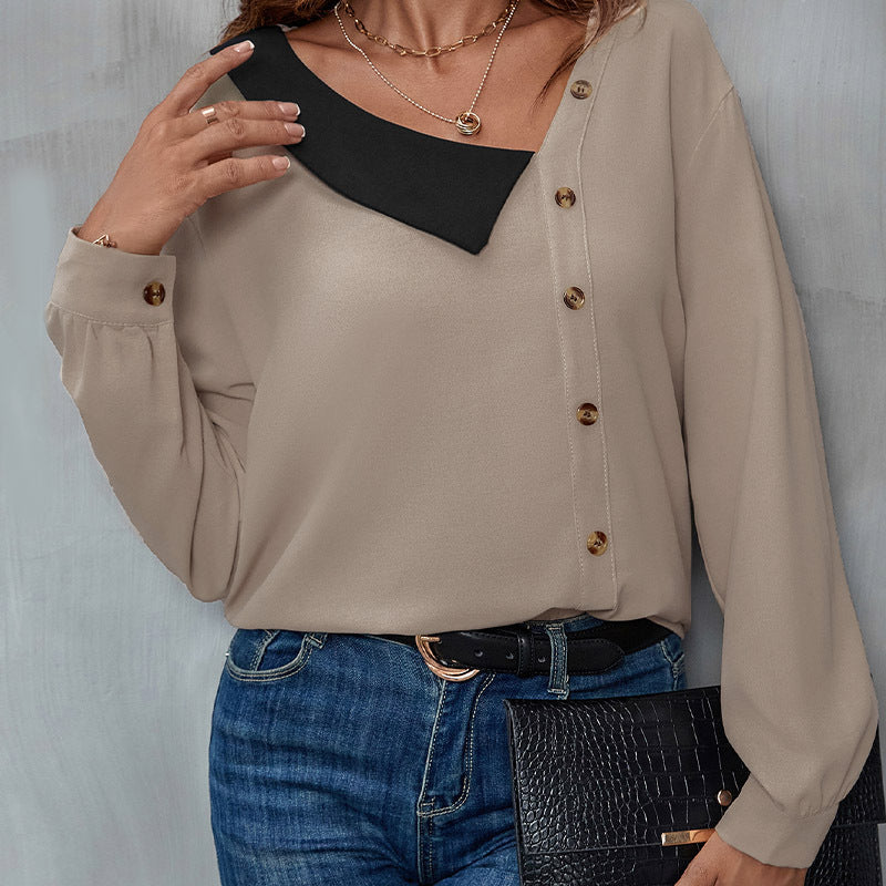 Women's Asymmetrical Shirt Blouse with Contrasting Collar and Decorative Button Placket Mune Fashion