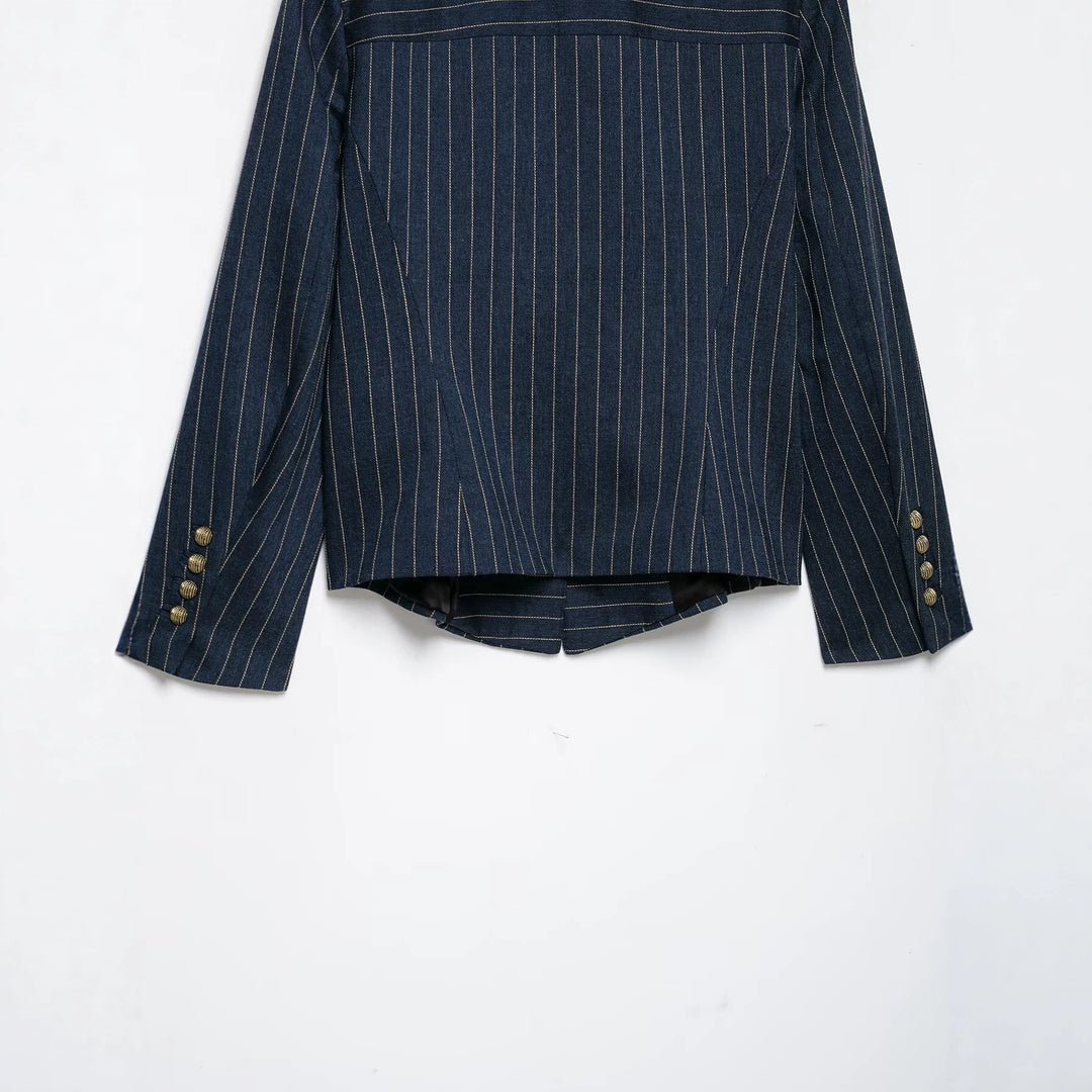 Women's Cropped Blazer in Pinstripe with Double-Sided Decorative Button Placket and Shoulder Epaulettes Mune Fashion
