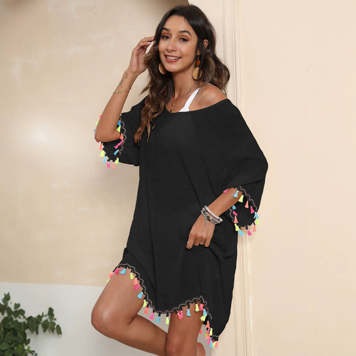 Women's airy beach cover-up with colorful tassel trim Mune Fashion
