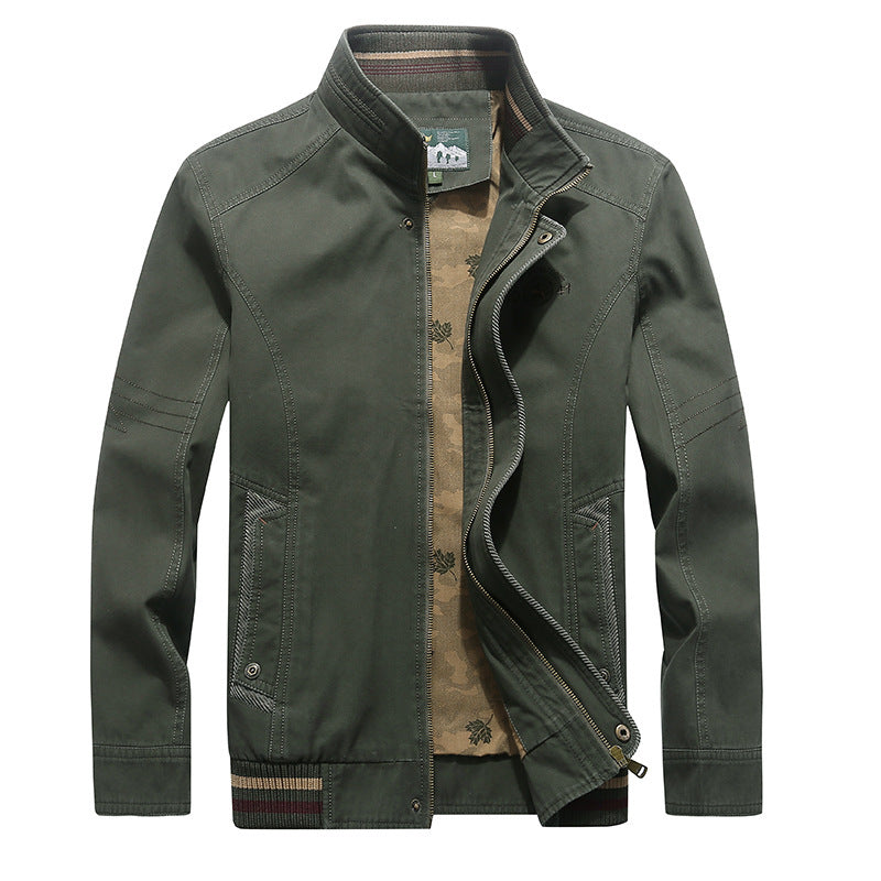 Men's Canvas Field Jacket with Stand Collar, Zipper and Striped Ribbed Cuff Mune Fashion