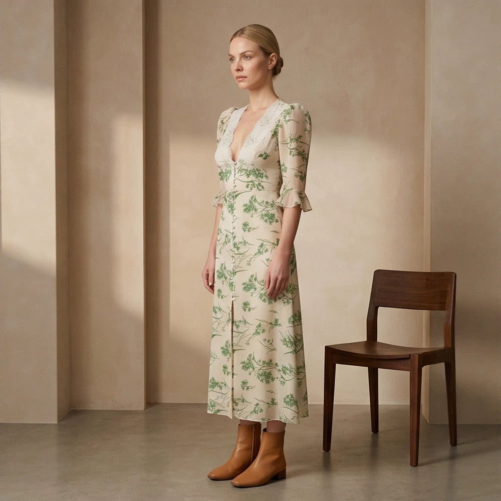 Women Floral Midi Dress with Lace V-Neck, Fitted Waist Seam and Pearl Button Placket Mune Fashion