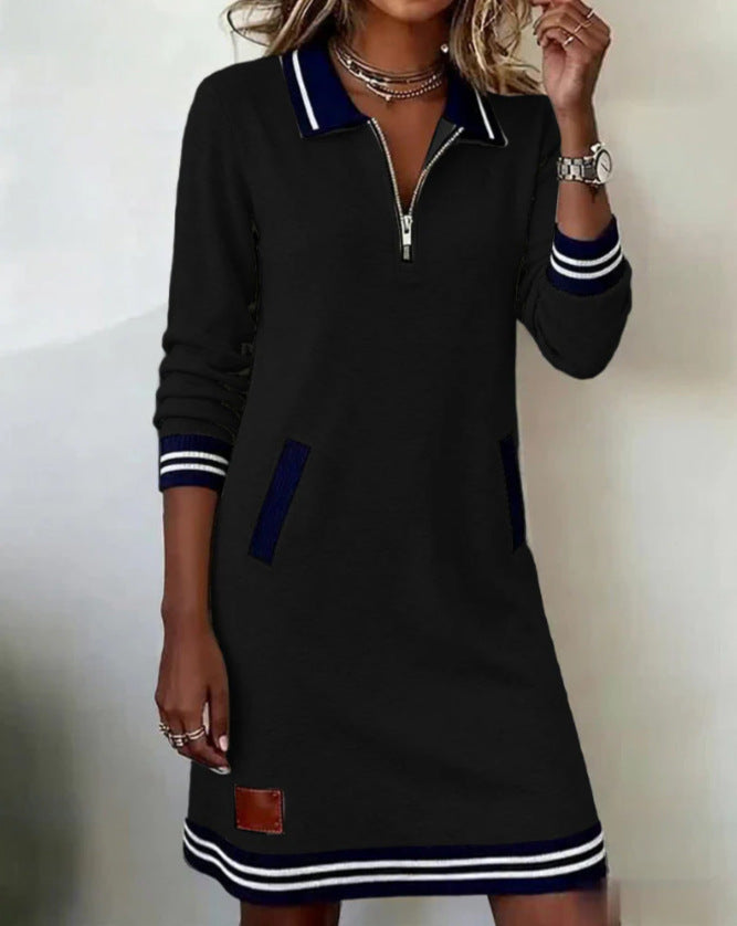 Women’s sporty-elegant sweatshirt dress with polo collar, half-length zipper, elastic contrast cuffs, and side pockets Mune Fashion