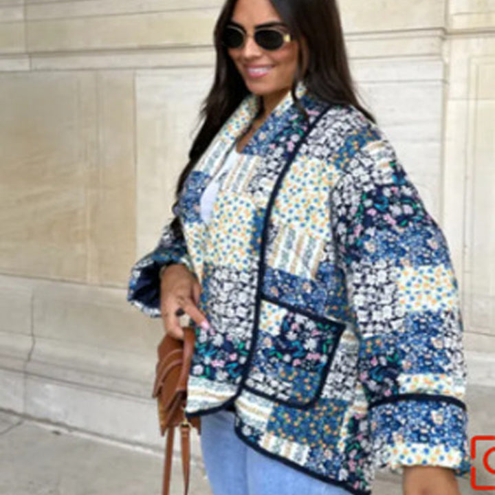 Ladies Quilted Patchwork Jacket with Contrast Piping and Patch Pockets Mune Fashion