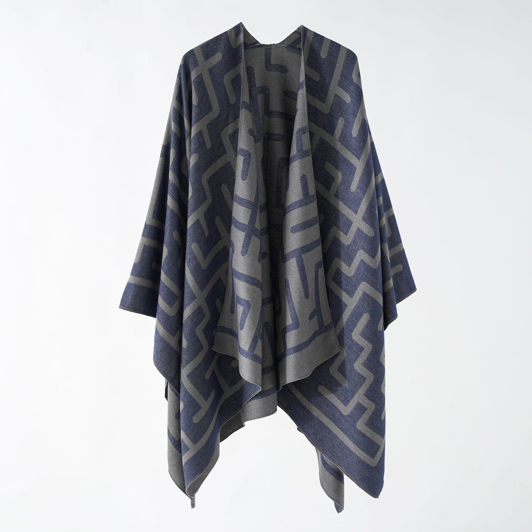 Women's Reversible Jacquard Ruana with Graphic Pattern and Asymmetrical Hem Mune Fashion