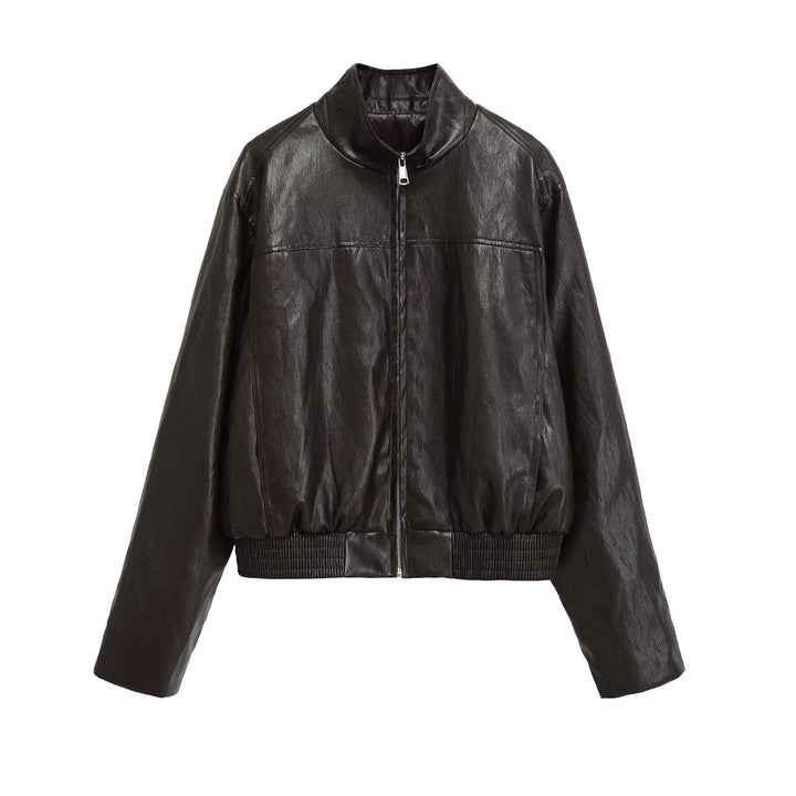 Women's Cropped Bomber Jacket in vegan leather look with funnel collar Mune Fashion