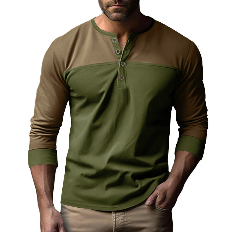 Men's long-sleeved Henley shirt with contrasting yoke, short button placket, and ribbed cuffs Mune Fashion