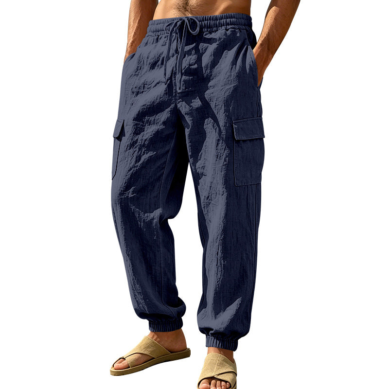 Men's lightweight cargo jogger pants made of linen blend with elastic drawstring waistband, patch flap pockets, and ribbed leg cuffs Mune Fashion